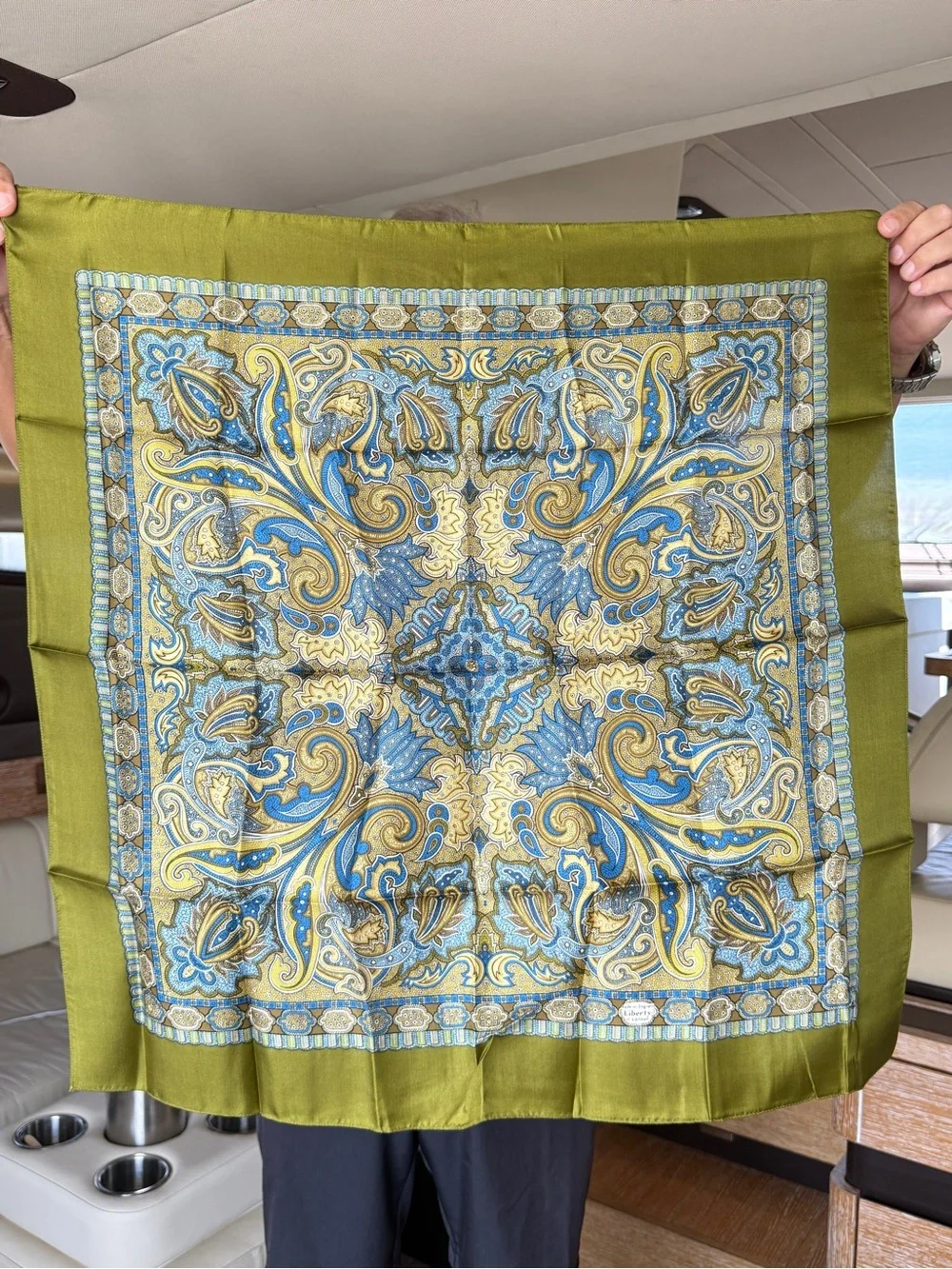 Liberty of London VintaOlive Green Paisley Scarf with Blue and Gold Accents